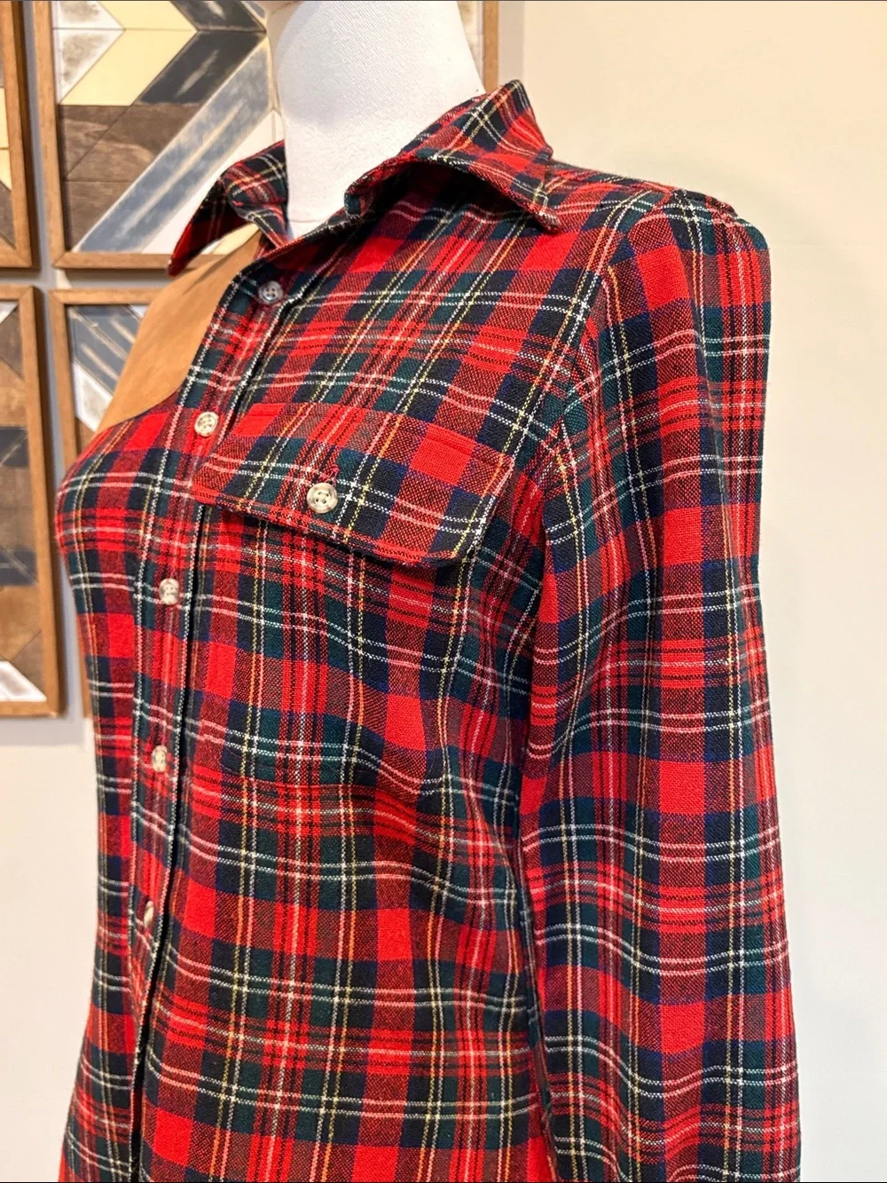 Vintage Ralph Lauren 70s Plaid Button Down Leather Patch Top size 8 *As-Is* - Picture 5 of 16
